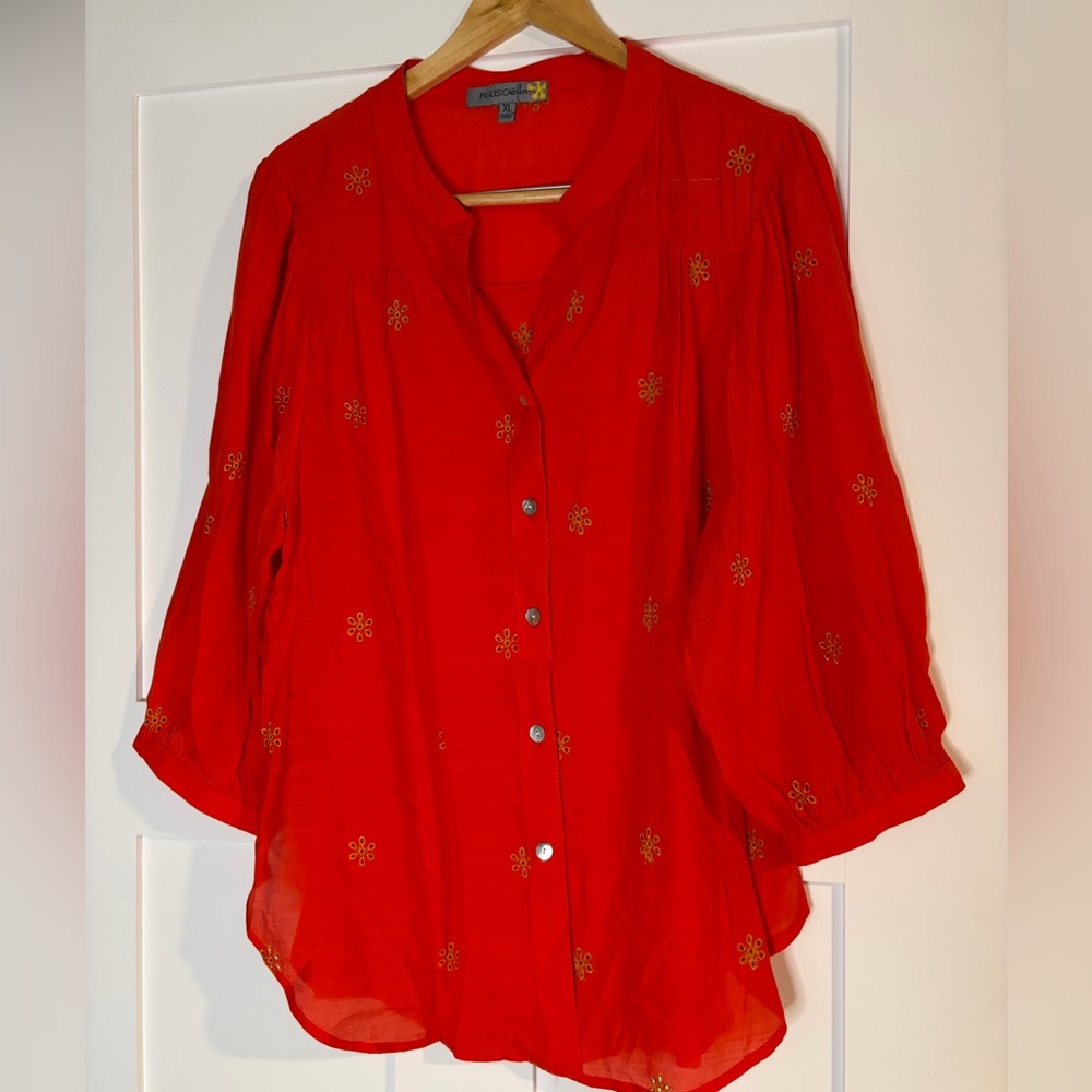 Figueroa & Flower Red Embroidered Button Front Blouse XL 3/4 Sleeve CEC114E19